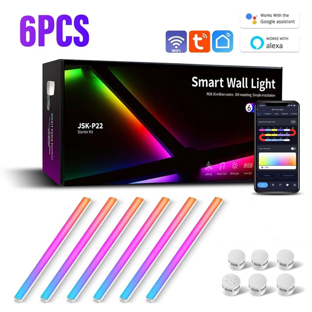 WIFI LED Smart Wall Lamp: RGBIC Light Bar, DIY Atmosphere EU Plug / 6PCS