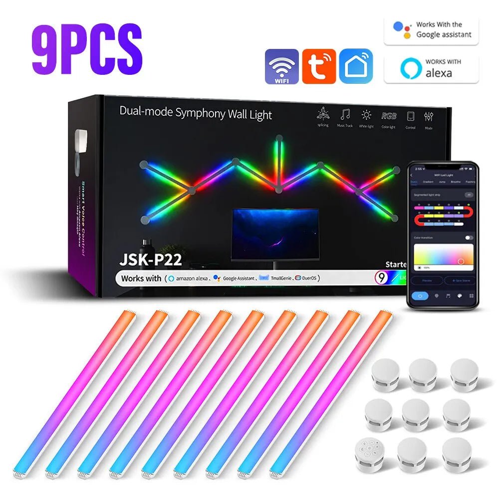 WIFI LED Smart Wall Lamp: RGBIC Light Bar, DIY Atmosphere EU Plug / 9PCs