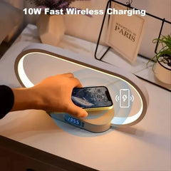 Wireless Charger Pad Stand with Clock LED Desk Lamp Night Light Wooden