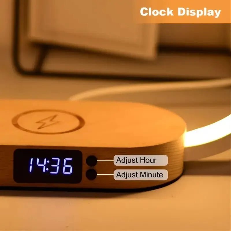Wireless Charger Pad Stand with Clock LED Desk Lamp Night Light Wooden