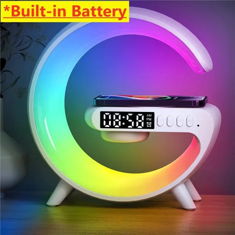 Wireless Charger Speaker Stand: RGB Night Light, Alarm Clock With Battery W