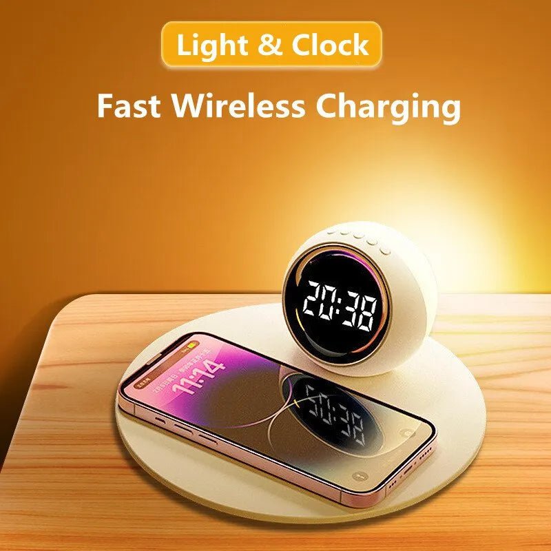 Wireless Charger Stand: Alarm Clock, LED Lamp, Night Light White