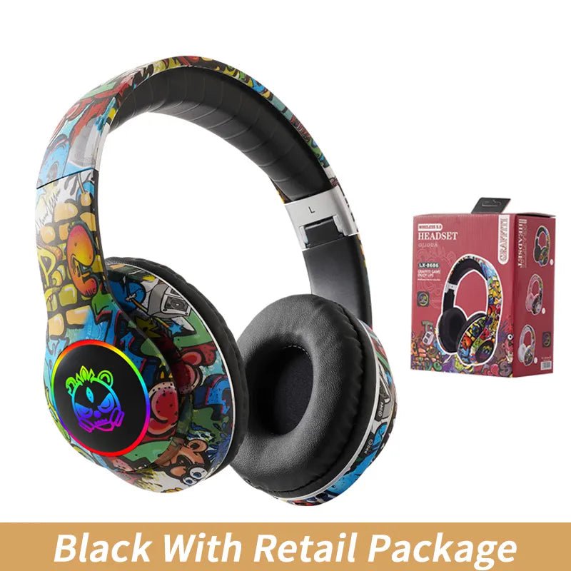 Wireless Kids Ear Headphones: Built-in Microphone and Flashlight Black With Box