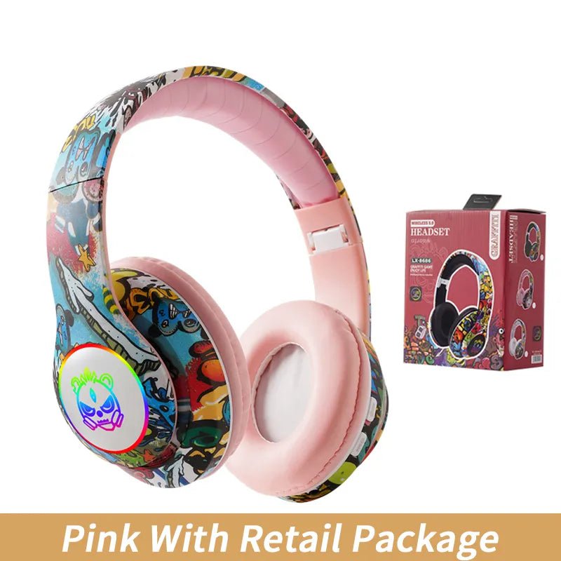 Wireless Kids Ear Headphones: Built-in Microphone and Flashlight Pink With Box