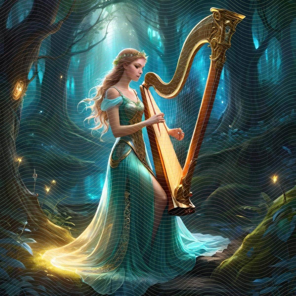 Woman in A Long Dress Holding a Harp