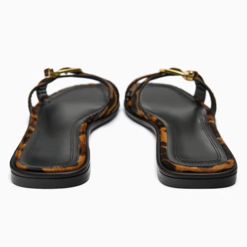 Women's Leopard Print Crisscross Flat Sandals with Buckle Detail