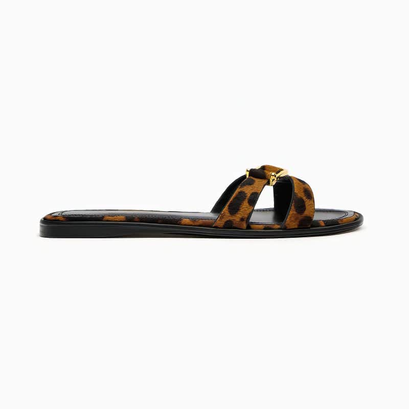 Women's Leopard Print Crisscross Flat Sandals with Buckle Detail