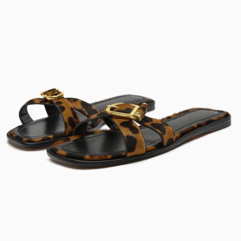 Women's Leopard Print Crisscross Flat Sandals with Buckle Detail