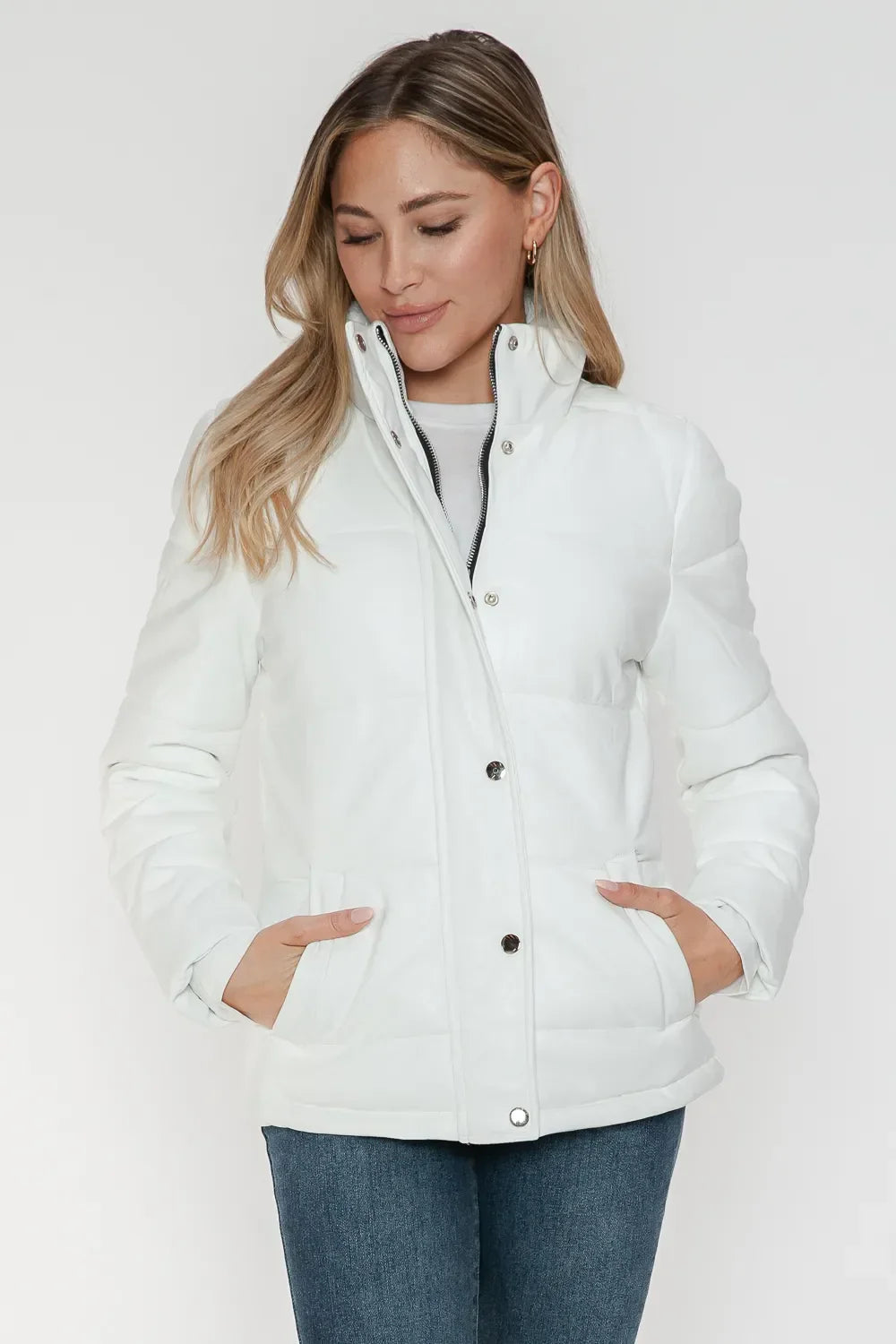 YMI Pocketed Zip Up Turtleneck Puffer Jacket White / S