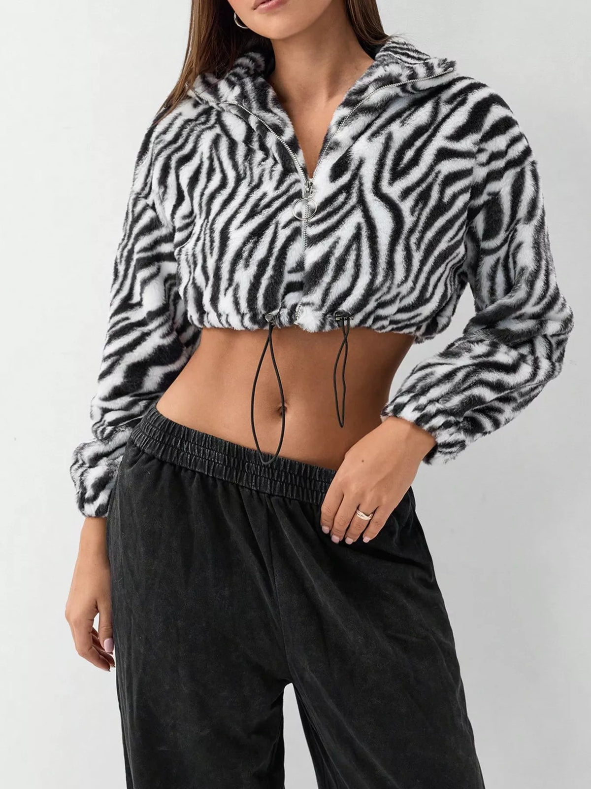 Zebra Print Plush Cropped Jacket Black / S