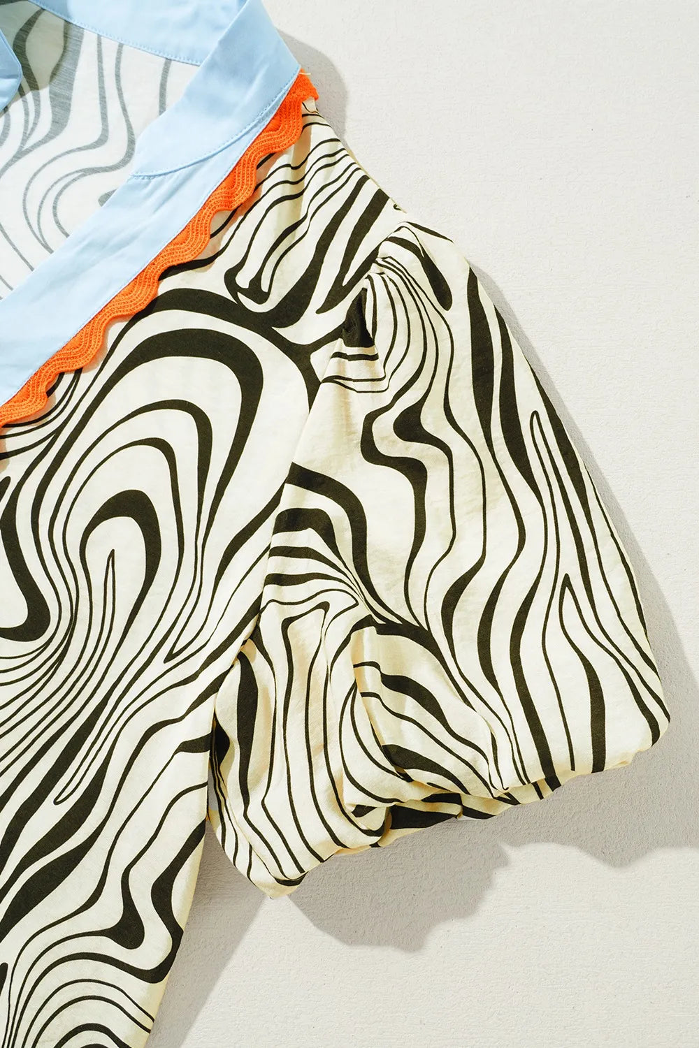 Zebra Stripe Print Contrast V-Neck Ricrac Detail Short Sleeve Blouse Top