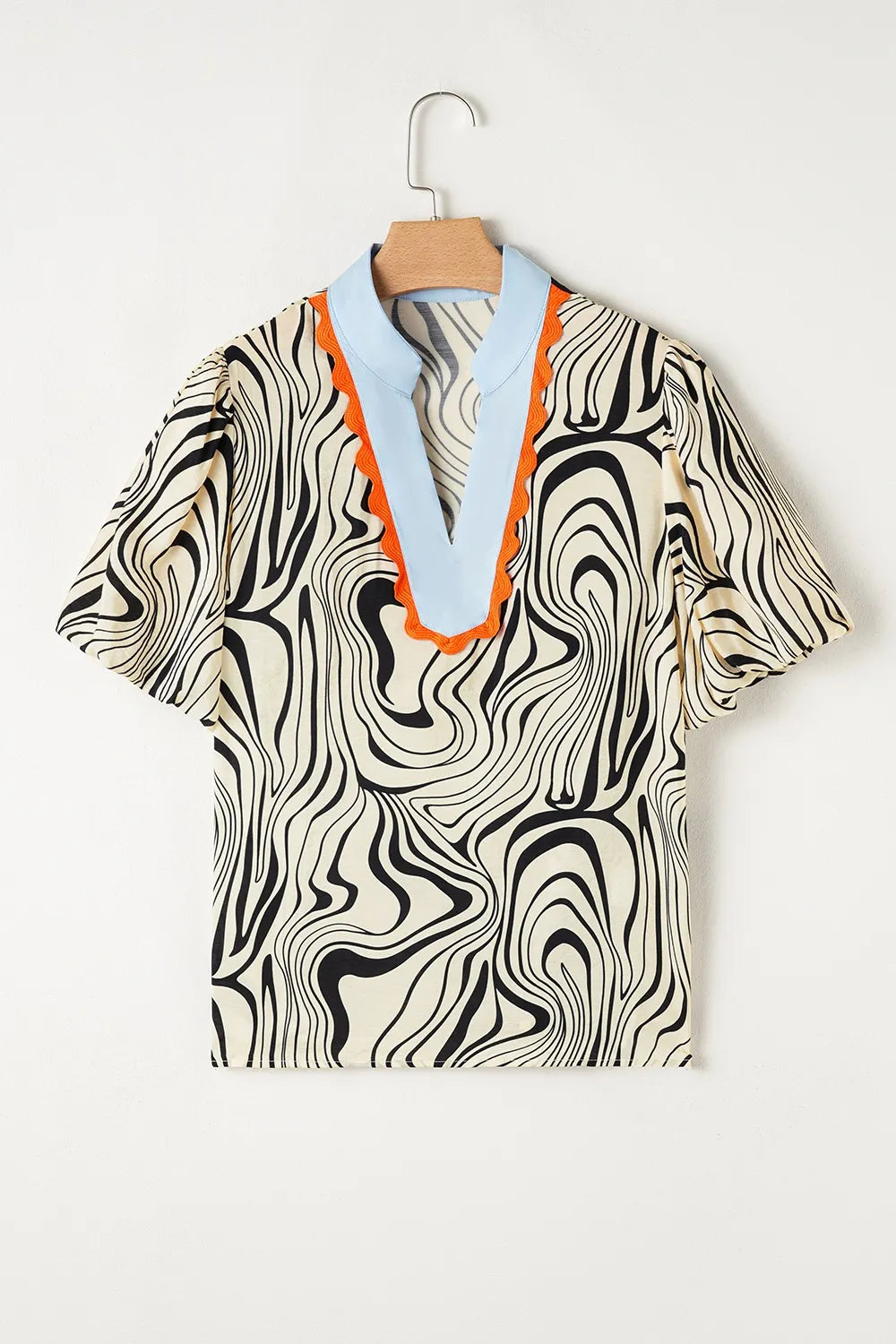 Zebra Stripe Print Contrast V-Neck Ricrac Detail Short Sleeve Blouse Top