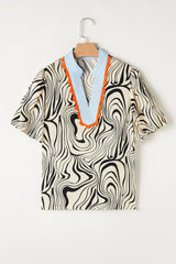 Zebra Stripe Print Contrast V-Neck Ricrac Detail Short Sleeve Blouse Top