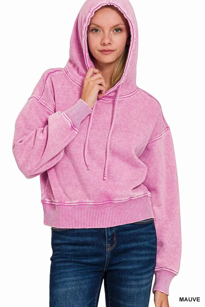 Zenana Acid Wash Fleece Drawstring Cropped Hoodie
