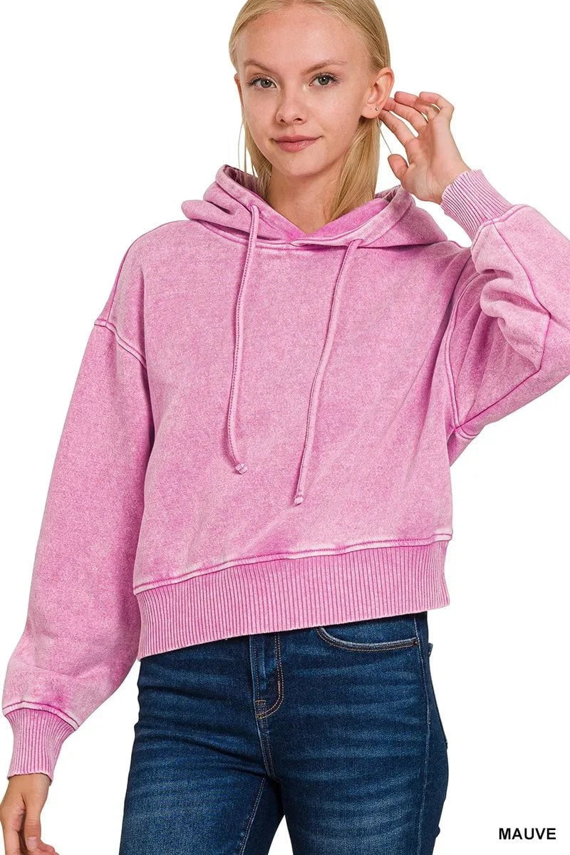 Zenana Acid Wash Fleece Drawstring Cropped Hoodie MAUVE / S