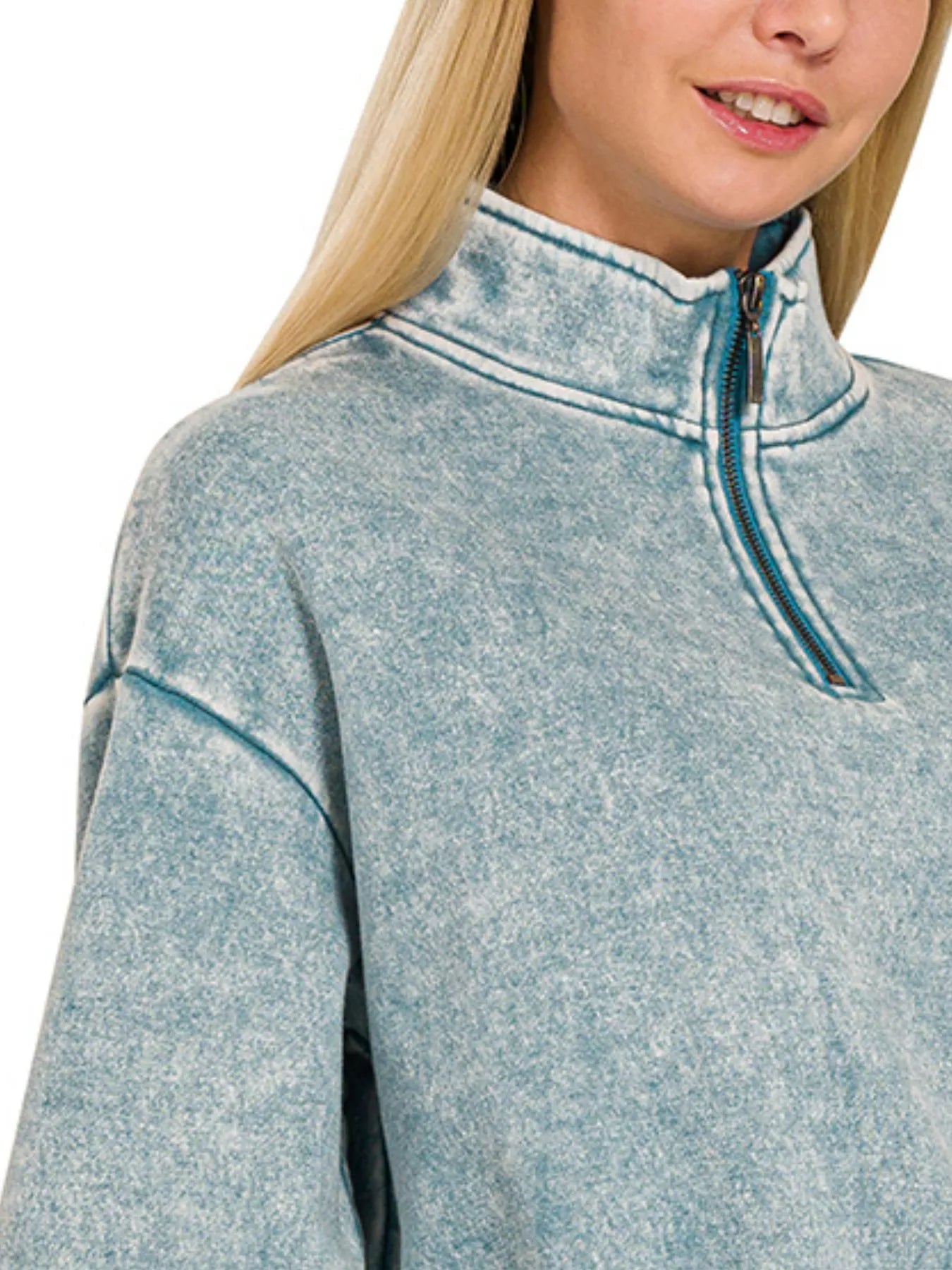 Zenana Acid Wash Fleece Half Zip Sweatshirt