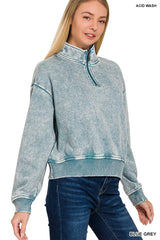 Zenana Acid Wash Fleece Half Zip Sweatshirt