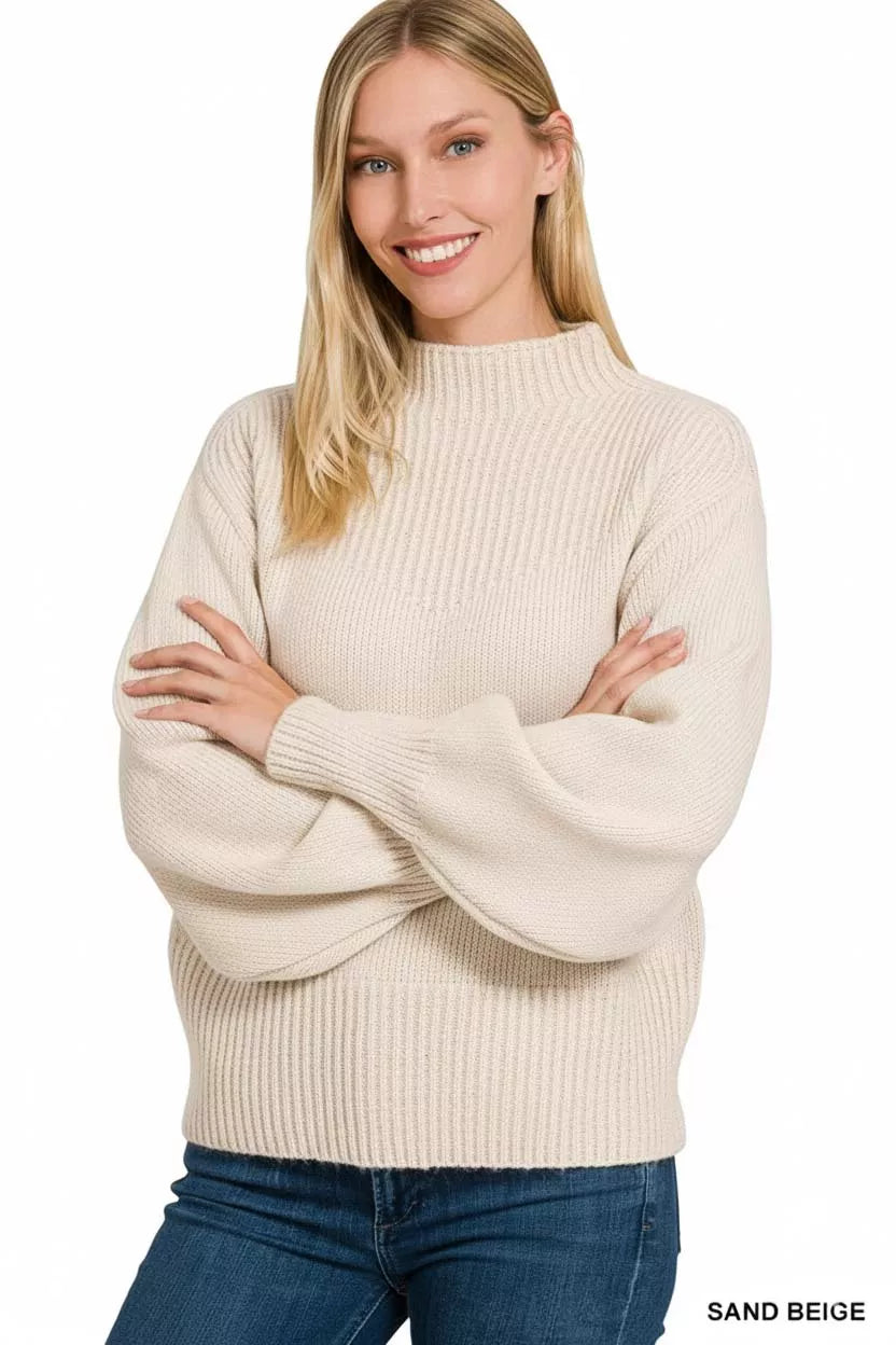 Zenana Balloon Sleeve Mock Neck Sweater