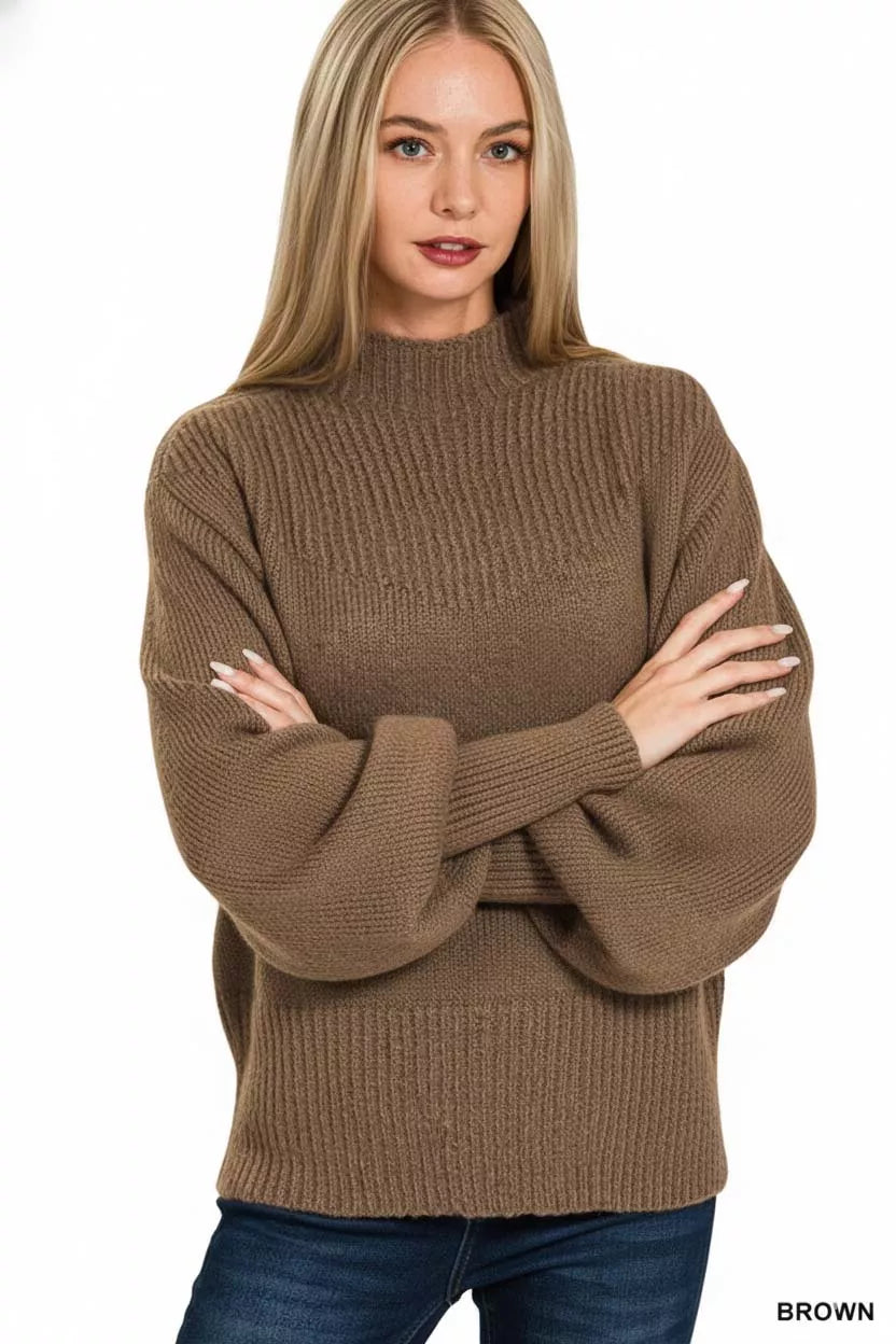 Zenana Balloon Sleeve Mock Neck Sweater