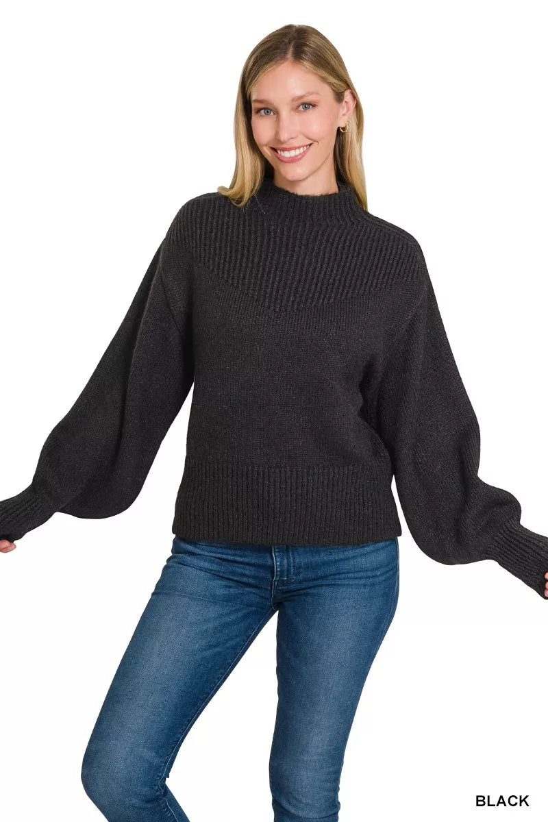 Zenana Balloon Sleeve Mock Neck Sweater