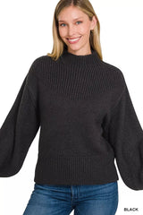 Zenana Balloon Sleeve Mock Neck Sweater