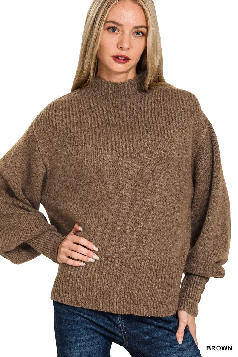 Zenana Balloon Sleeve Mock Neck Sweater BROWN / S