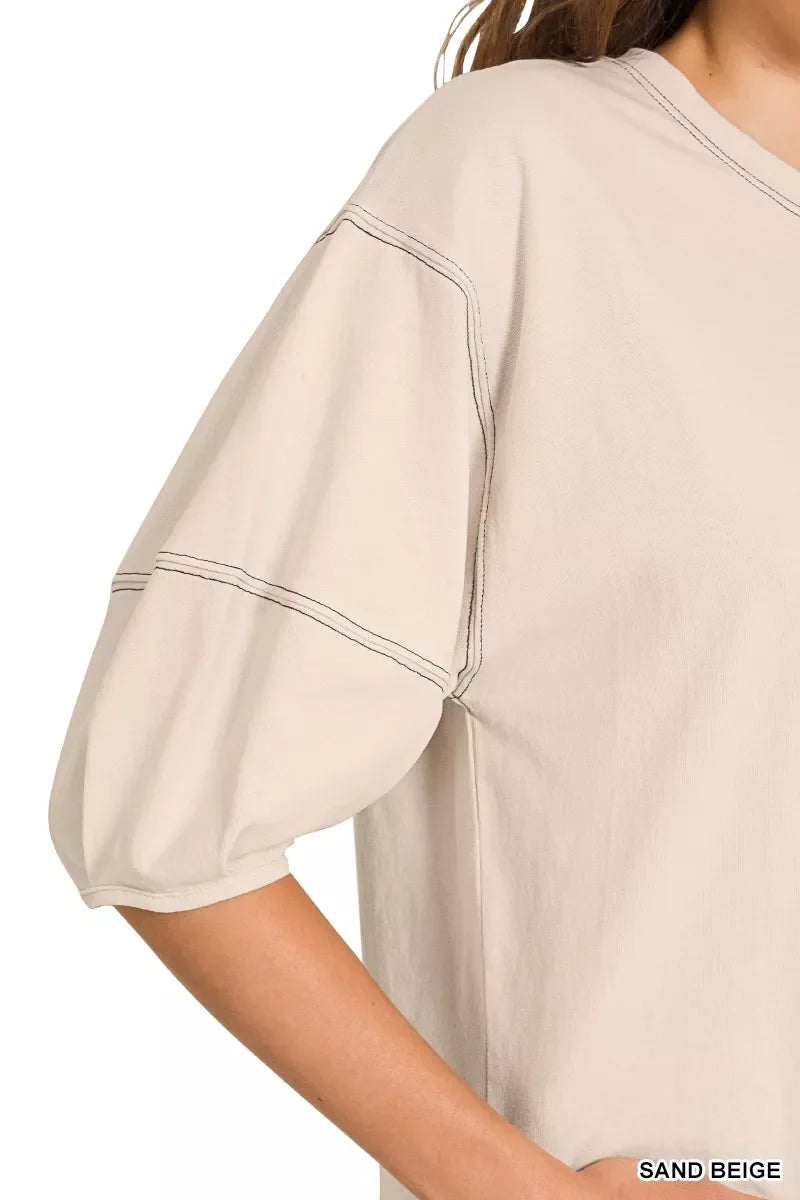 Zenana Balloon Sleeve Top with Contrast Stitching