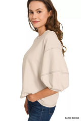 Zenana Balloon Sleeve Top with Contrast Stitching