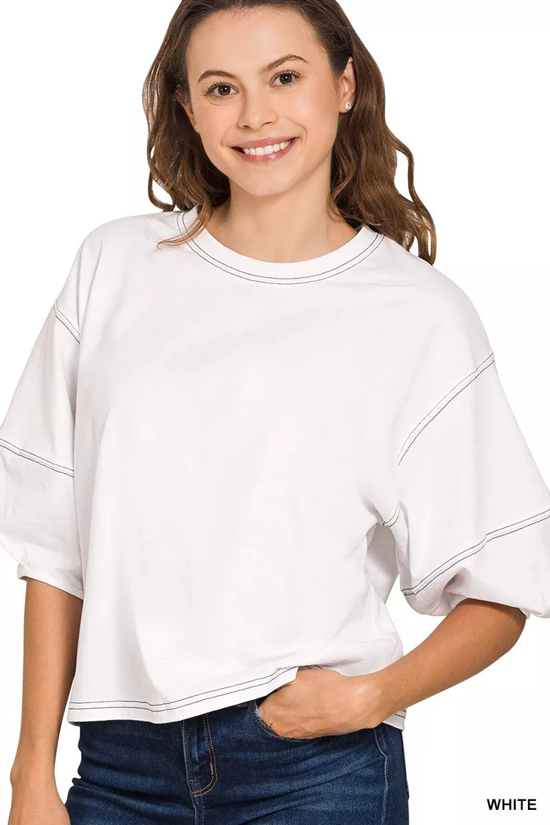 Zenana Balloon Sleeve Top with Contrast Stitching WHITE / S