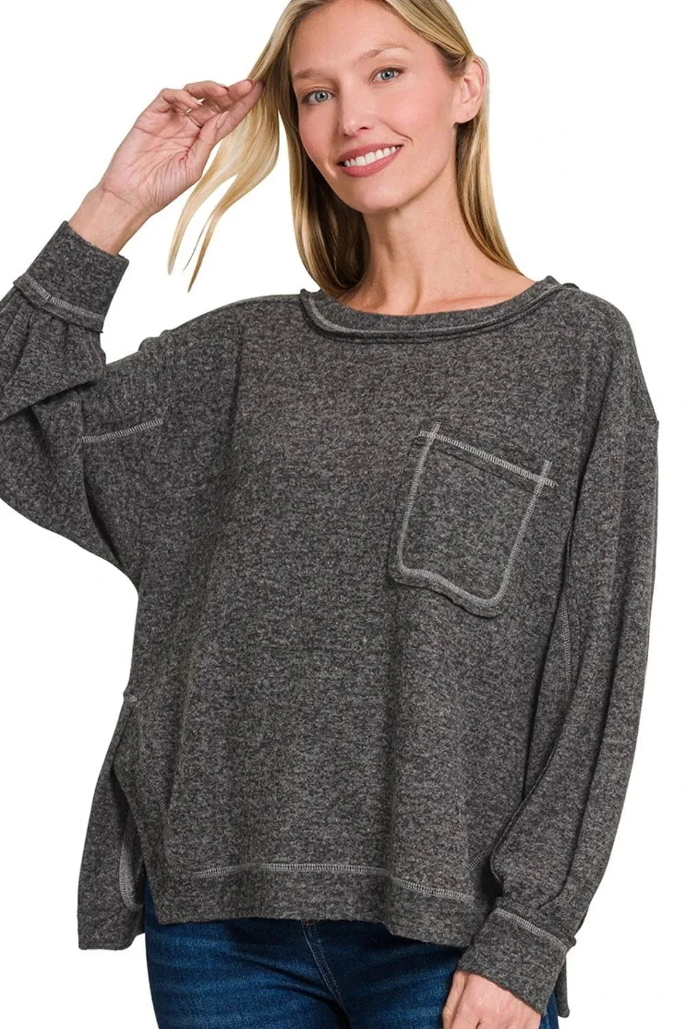 Zenana Brushed Hacci Hi-low Round Neck Knit Top BLACK / S/M