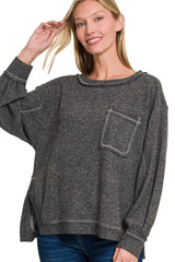 Zenana Brushed Hacci Hi-low Round Neck Knit Top BLACK / S/M