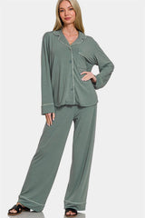 Zenana Button Down Long Sleeve Top and Pants Lounge Set Sage / S