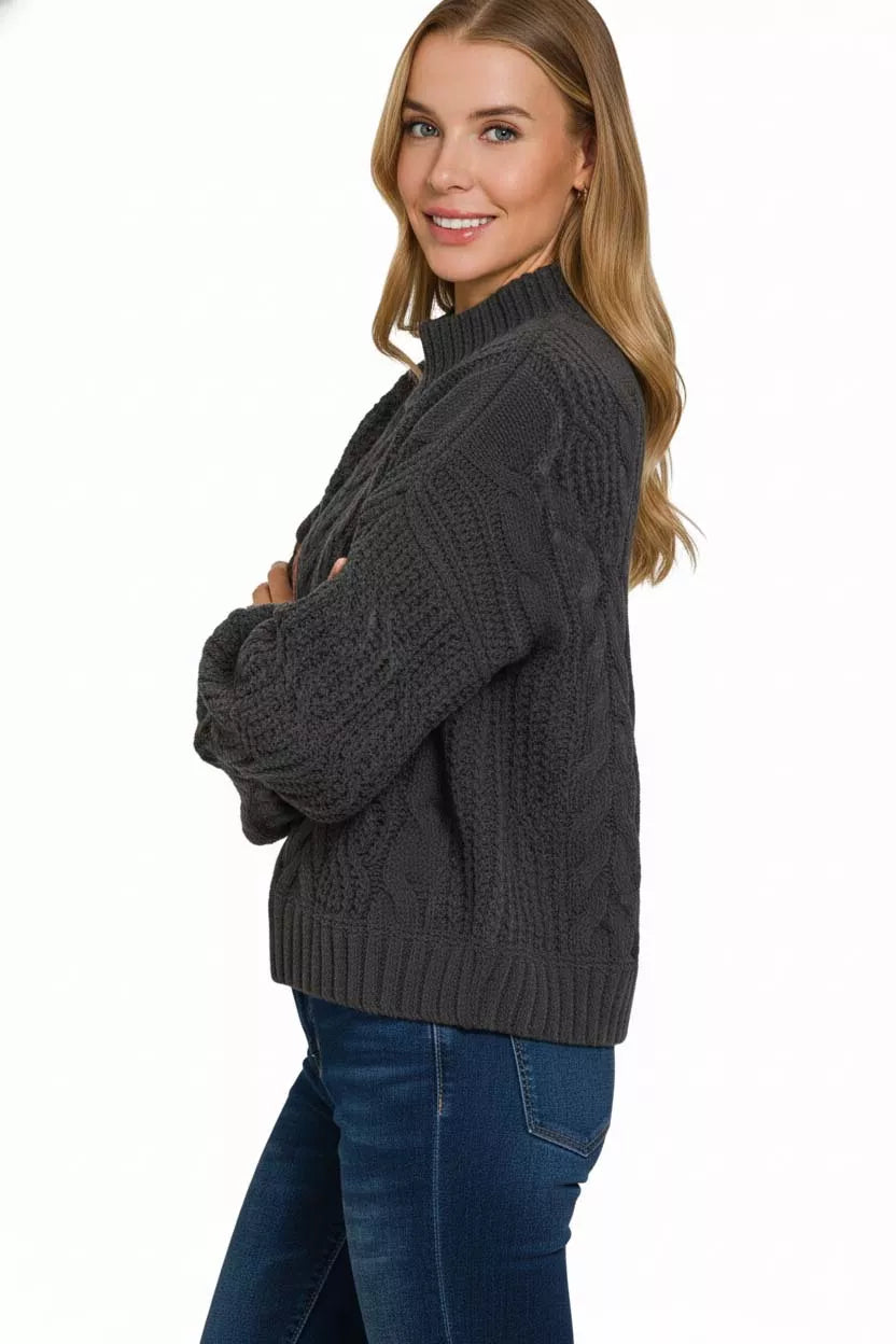 Zenana Cable-Knit Ribbed Turtleneck Sweater