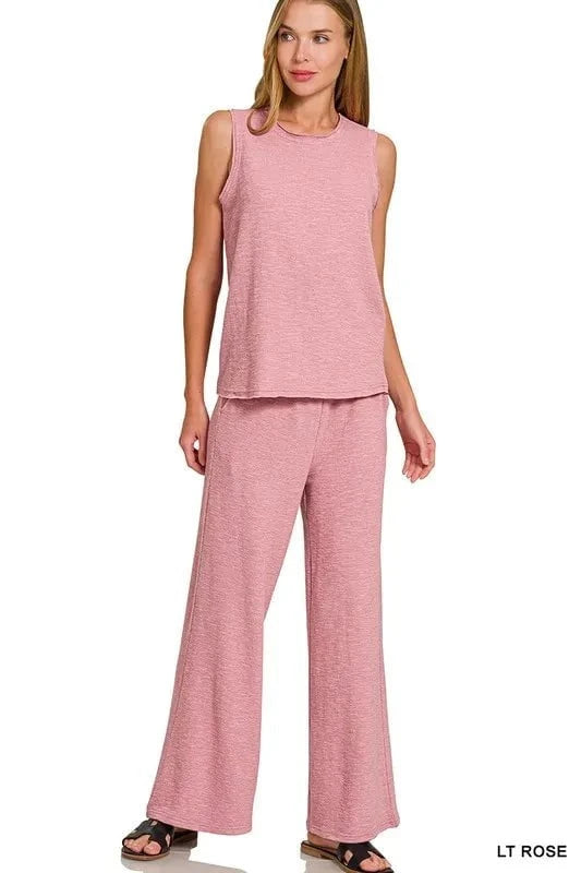 Zenana Cotton Slub Tank and Pants Set LT ROSE / S