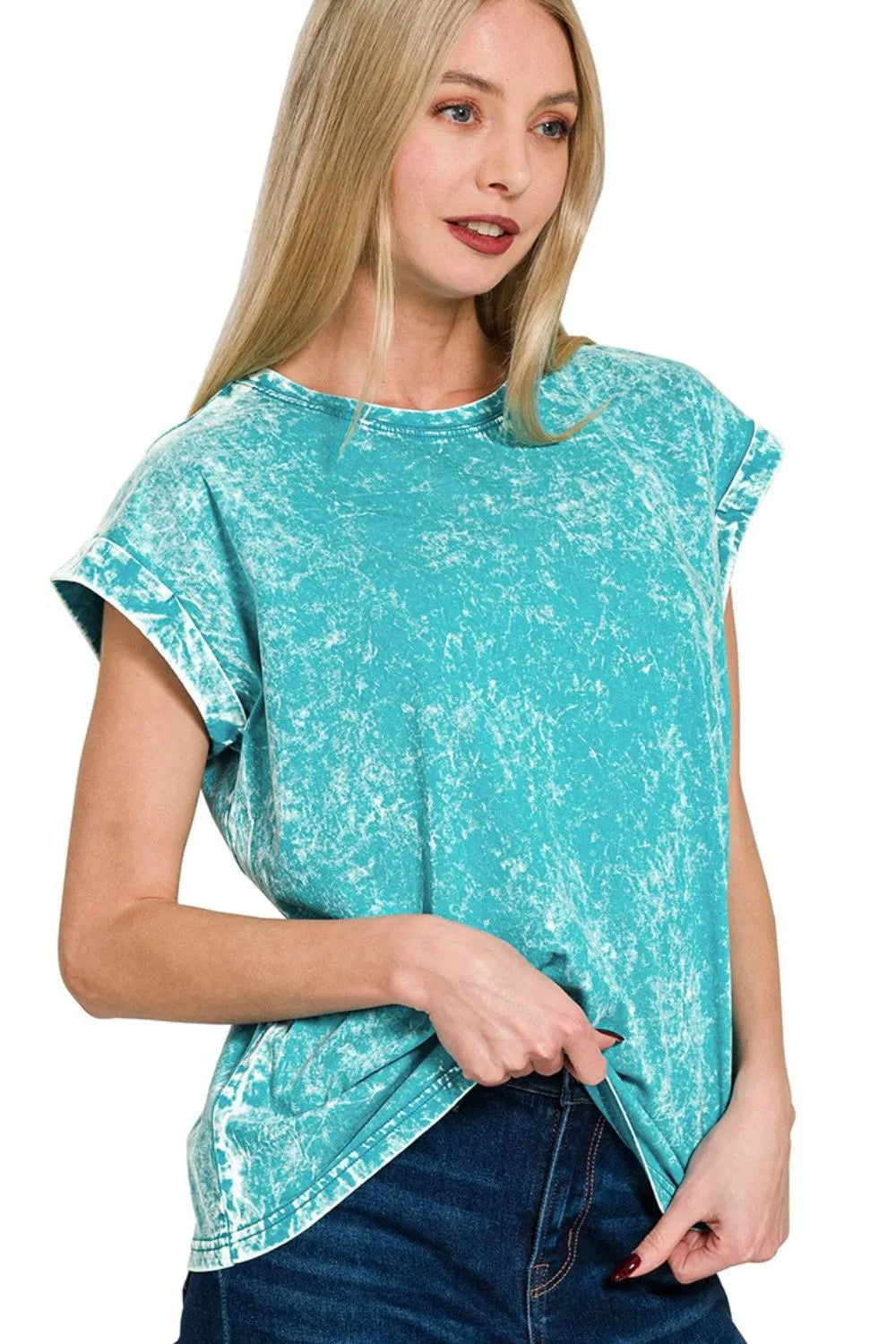 Zenana Crinkle Washed Round Neck Folded Short Sleeve Tee LT TEAL / S