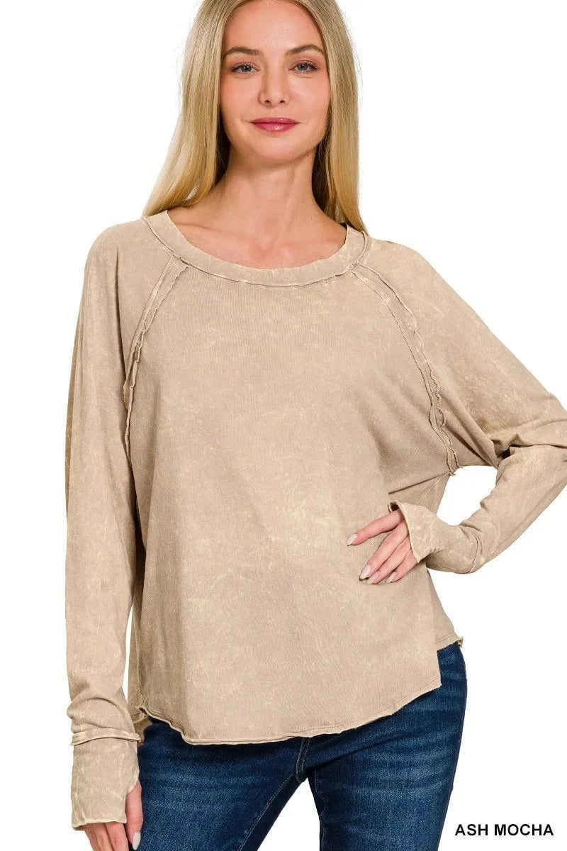 Zenana Crinkle Washed Thumb Hole Cuffs Long Sleeve Top ASH MOCHA / S