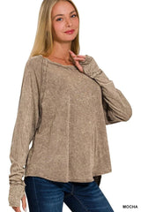 Zenana Crinkle Washed Thumb Hole Cuffs Long Sleeve Top MOCHA / S