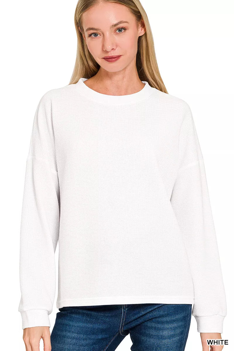 Zenana Double Knit Round Neck Long Sleeve Top WHITE / S