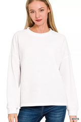 Zenana Double Knit Round Neck Long Sleeve Top WHITE / S