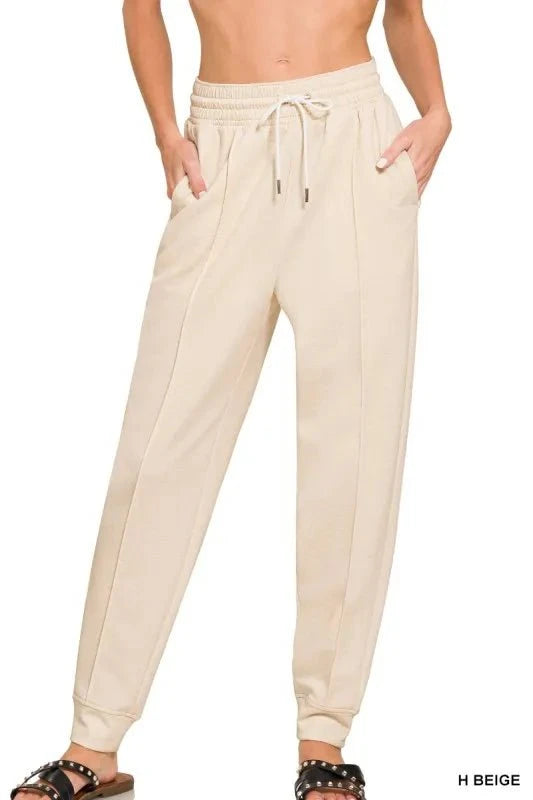 Zenana Drawstring Scuba Sweatpants with Pockets H BEIGE / S