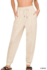 Zenana Drawstring Scuba Sweatpants with Pockets H BEIGE / S