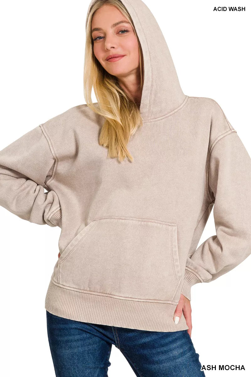Zenana Fleece Acid Wash Kangaroo Pocket Hoodie