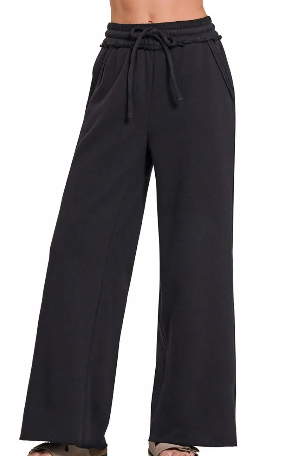 Zenana Fleece Exposed Seam Wide Leg Sweatpants BLACK / S