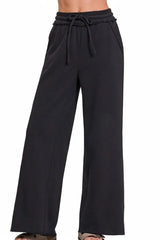 Zenana Fleece Exposed Seam Wide Leg Sweatpants BLACK / S