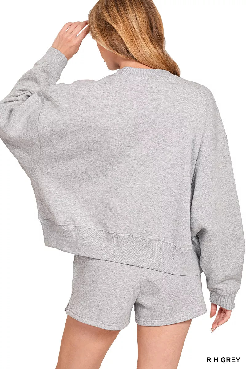 Zenana Fleece Round Neck Sweatshirt and Shorts Set