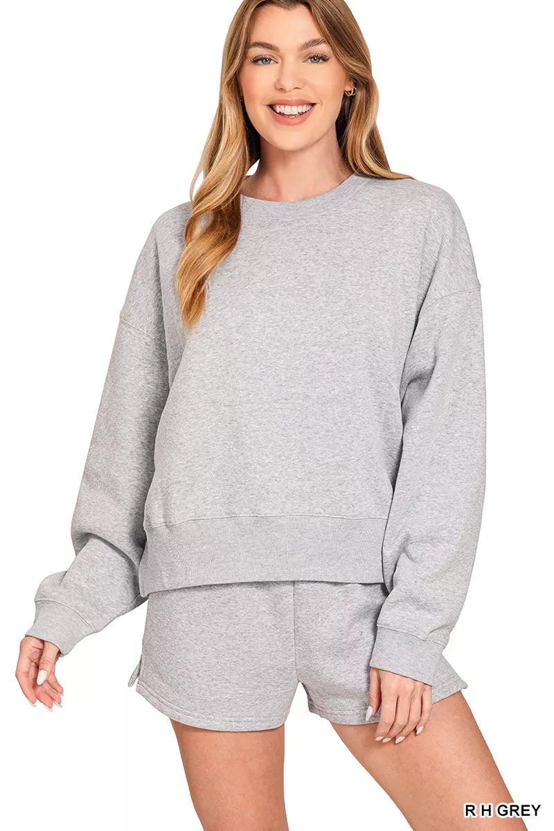 Zenana Fleece Round Neck Sweatshirt and Shorts Set RHGREY / S