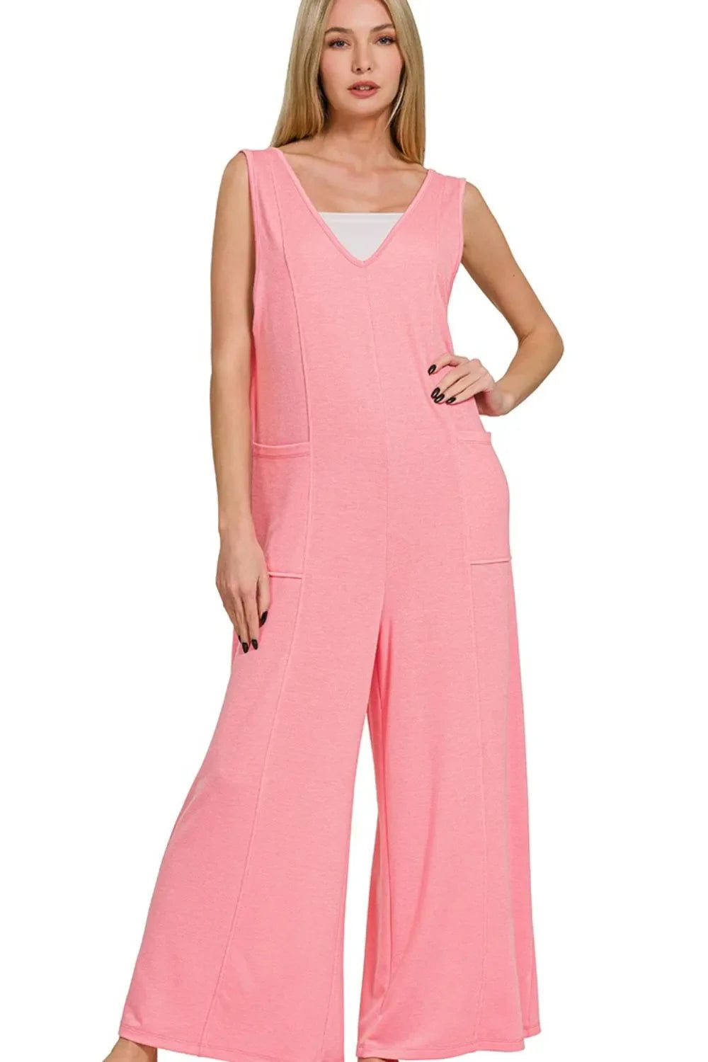 Zenana French Terry Deep V Neck Jumpsuits DK PINK / S