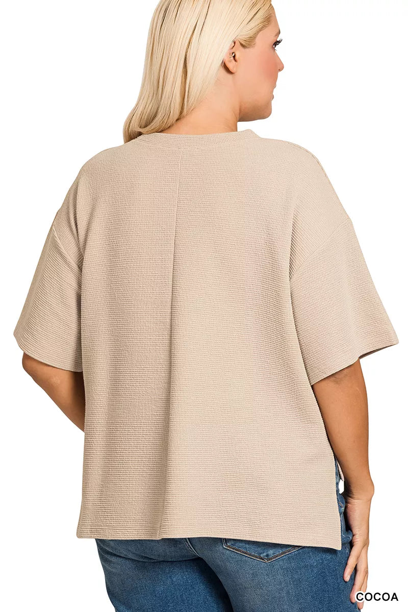 Zenana Full Size Double Knit Side Slits Hi Low Short Sleeve Top Plus Size