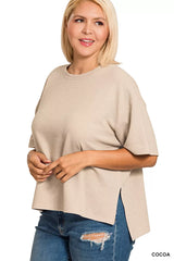 Zenana Full Size Double Knit Side Slits Hi Low Short Sleeve Top Plus Size