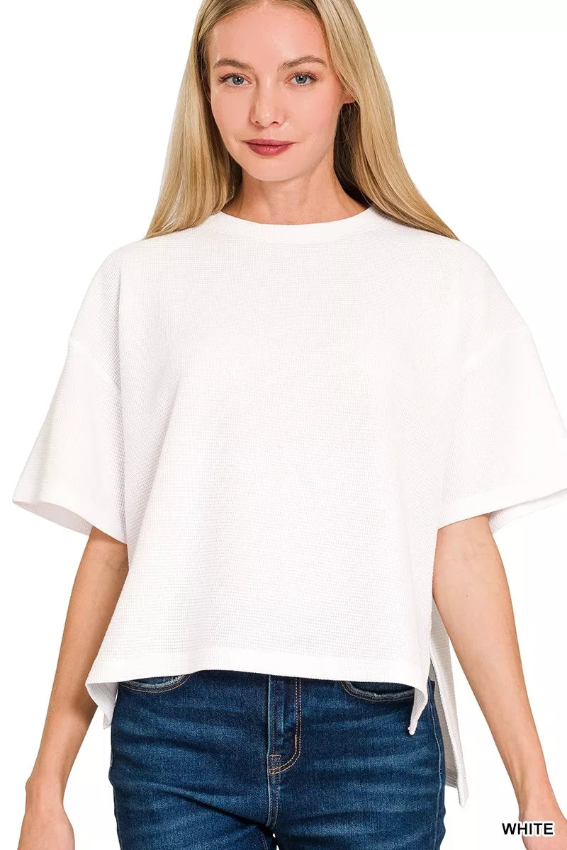 Zenana Full Size Double Knit Side Slits Hi Low Short Sleeve Top Plus Size WHITE / S